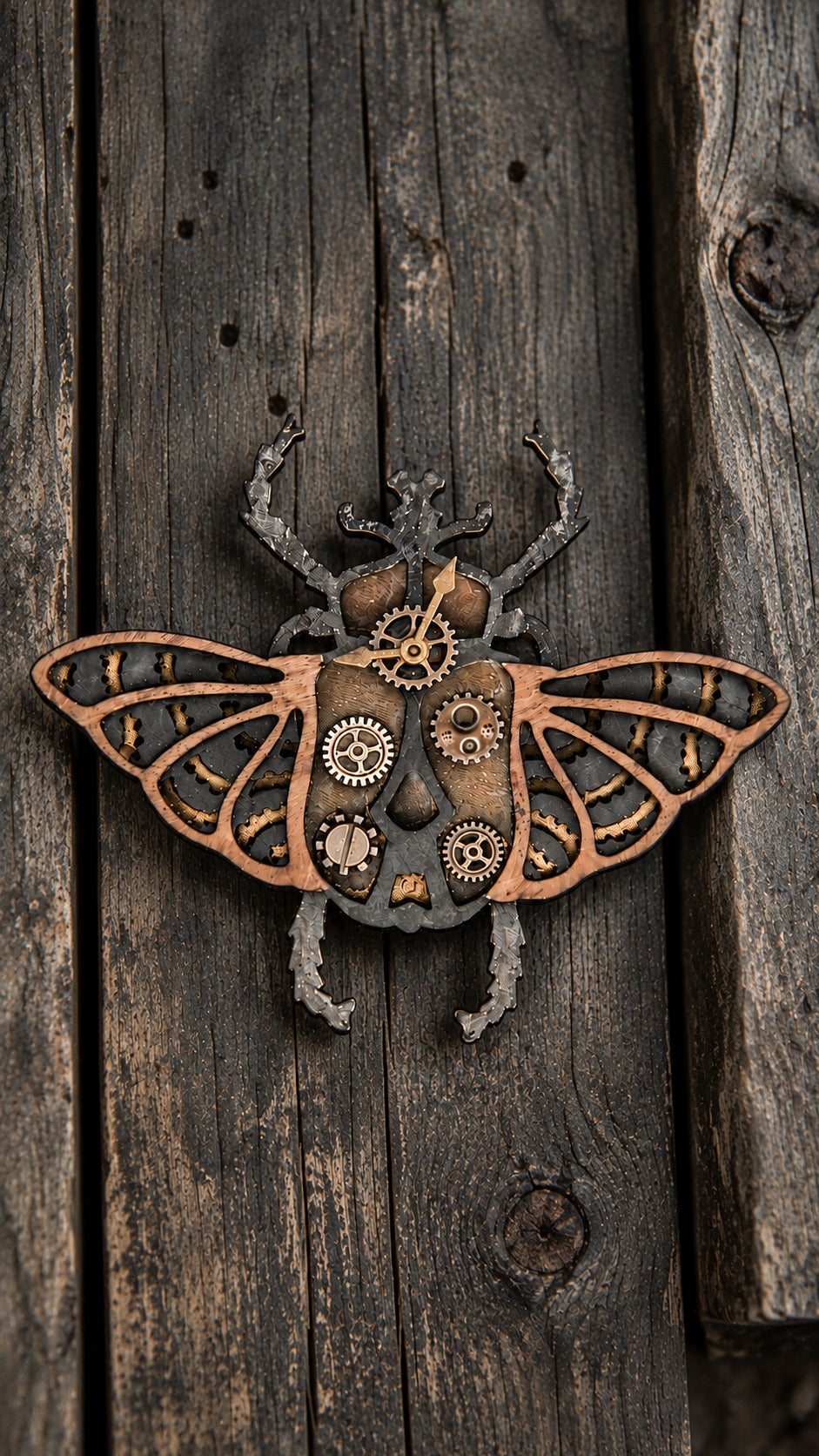 Chronéa, insecte décoratif en bois aux ailes ajourées et motifs de rouages