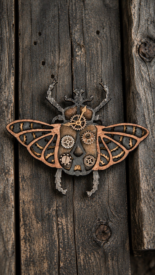 Chronéa, insecte décoratif en bois aux ailes ajourées et motifs de rouages