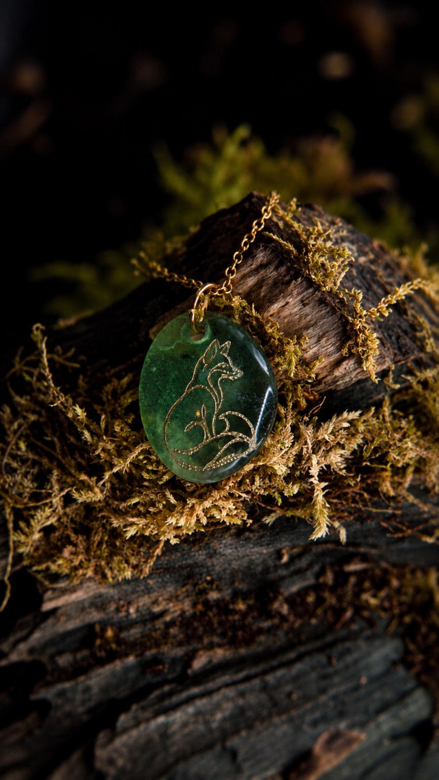 Silenn, collier Olibria en verre vert recyclé fondu à l’atelier, gravé d’un renard doré, sur chaîne en acier inoxydable doré.