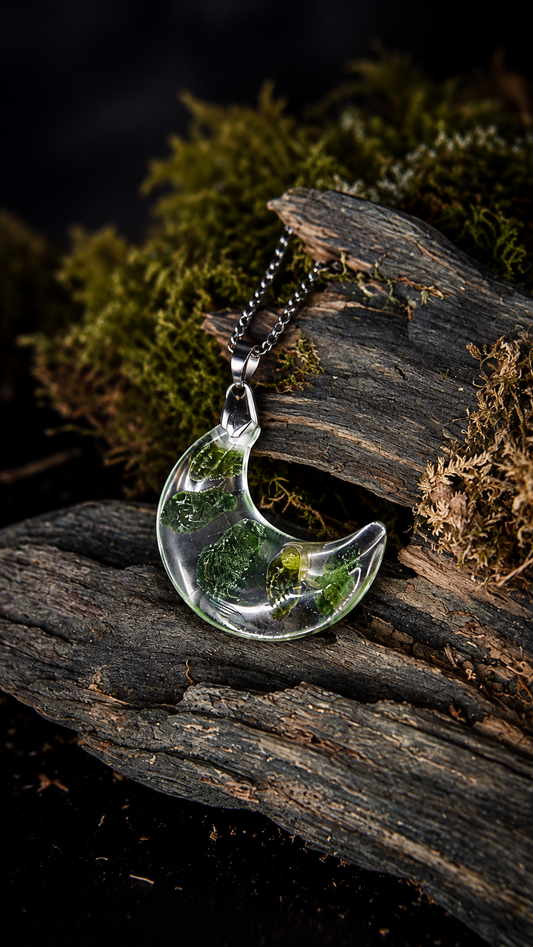 Lunéa, collier croissant de lune en résine transparente contenant des fragments de verre vert